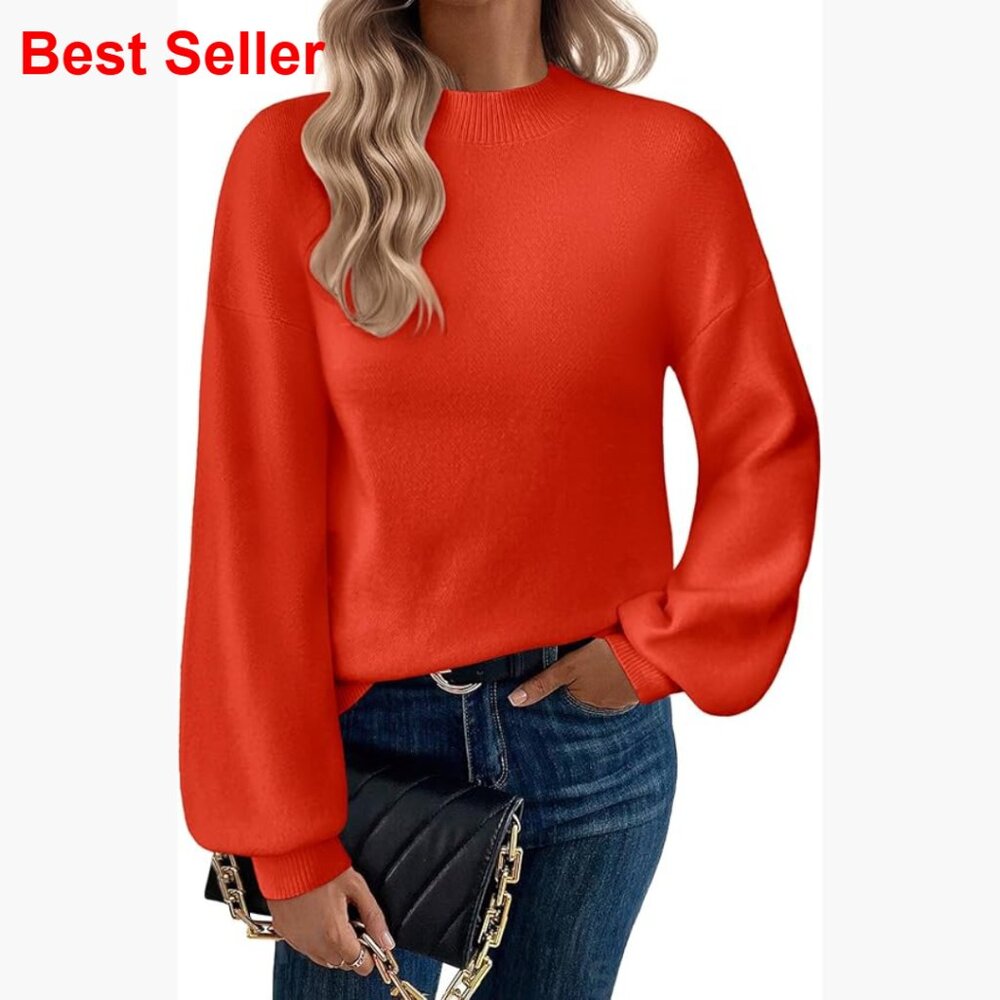 Turtleneck Pullover Sweater With Lantern Sleeves, Viscose Blend